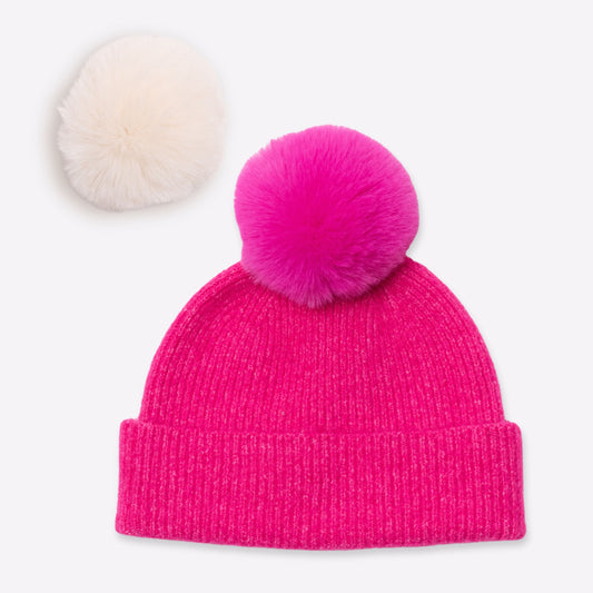 Kaschmir Mutze in Fuchsia mit bommel